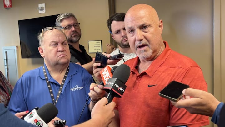 Aug 1, 2023; Washington, District of Columbia, USA; Washington Nationals general manager Mike Rizzo discusses the close of the trade window before the game against the Milwaukee Brewers at Nationals Park. 