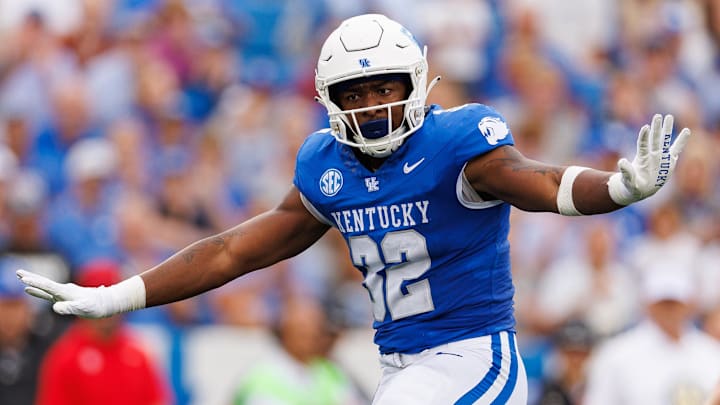Sep 9, 2023; Lexington, Kentucky, USA; Kentucky Wildcats linebacker Trevin Wallace (32) celebrates a