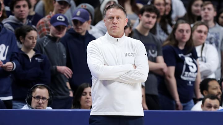 Penn State basketball coach Mike Rhoades looks on from the bench during the first half against the Minnesota Golden Gophers at Bryce Jordan Center. 