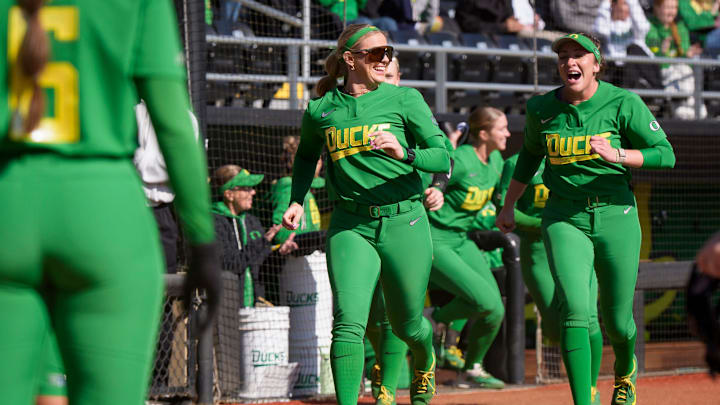 At the Oregon Classic back in February, Version 8 celebrates a grand slam by Elon Butler. The Ducks smashed the Stetson Hatters 10-1 in five innings at Jane Sanders Stadium.