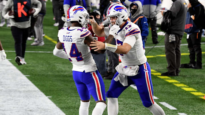 Dec 28, 2020; Foxborough, Massachusetts, USA; Buffalo Bills quarterback Josh Allen (17) celebrates