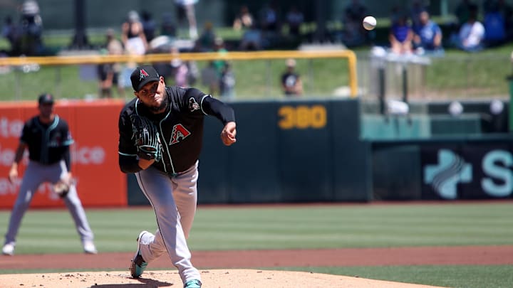 Aug 3, 2025; West Sacramento, California, USA; Arizona Diamondbacks starting pitcher Eduardo Rodriguez (57) throws a pitch against the Athletics during the first inning at Sutter Health Park. Mandatory Credit: Dennis Lee-Imagn Images Aug 3, 2025; West Sacramento, California, USA; Arizona Diamondbacks starting pitcher Eduardo Rodriguez (57) throws a pitch against the Athletics during the first inning at Sutter Health Park. Mandatory Credit: Dennis Lee-Imagn Images