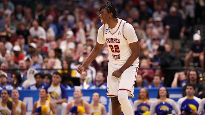 Mar 20, 2026; Tampa, FL, USA; Alabama Crimson Tide forward Aiden Sherrell (22) reacts after a basket in the first half against the Hofstra Pride during a first round game of the men's 2026 NCAA Tournament at Benchmark International Arena. Mandatory Credit: Matt Pendleton-Imagn Images Mar 20, 2026; Tampa, FL, USA; Alabama Crimson Tide forward Aiden Sherrell (22) reacts after a basket in the first half against the Hofstra Pride during a first round game of the men's 2026 NCAA Tournament at Benchmark International Arena. Mandatory Credit: Matt Pendleton-Imagn Images