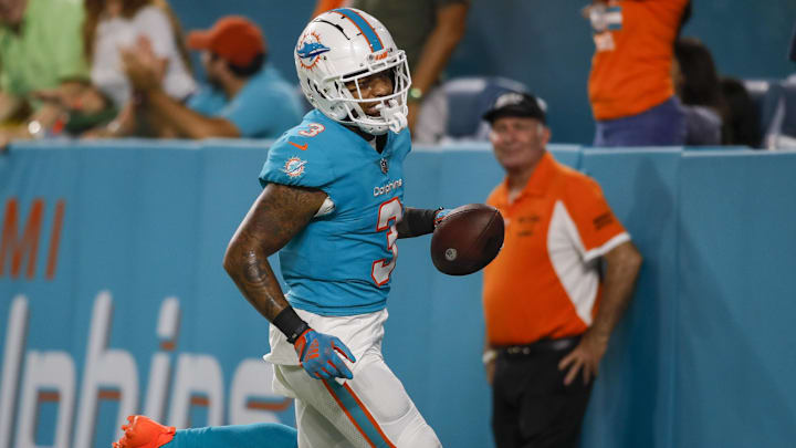 Miami Dolphins wide receiver Lynn Bowden Jr. (3) runs into the end zone after scoring a touchdown during the fourth quarter against the Philadelphia Eagles at Hard Rock Stadium in a 2022 preseason game. Miami Dolphins wide receiver Lynn Bowden Jr. (3) runs into the end zone after scoring a touchdown during the fourth quarter against the Philadelphia Eagles at Hard Rock Stadium in a 2022 preseason game.