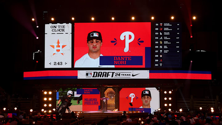 Jul 14, 2024; Ft. Worth, TX, USA; Dante Nori is drafted by the Philadelphia Philles with the 27th pick during the first round of the MLB Draft at Cowtown Coliseum. Mandatory Credit: Kevin Jairaj-Imagn Images