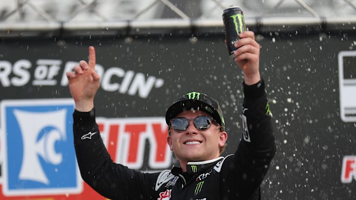 Apr 12, 2026; Bristol, Tennessee, USA; Joe Gibbs Racing driver Ty Gibbs (54) celebrates the win in victory lane at Bristol Motor Speedway.