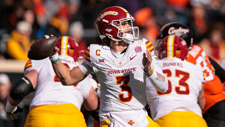 Nov 29, 2025; Stillwater, Oklahoma, USA; Iowa State Cyclones quarterback Rocco Becht (3) passes during the second half against the Oklahoma State Cowboys at Boone Pickens Stadium. Mandatory Credit: William Purnell-Imagn Images