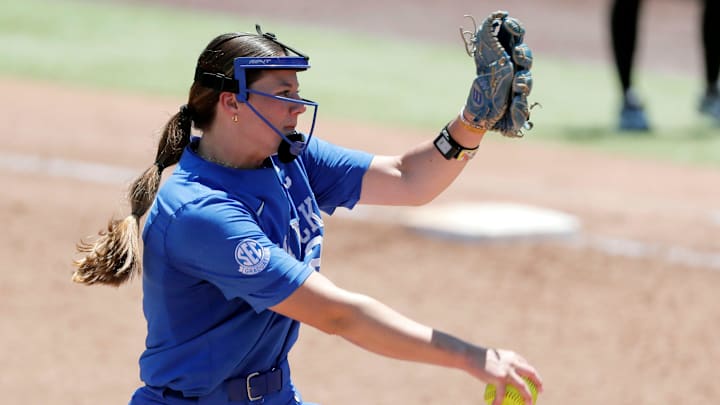 Kentucky Stephanie Schoonover (23) pitches during a softball game between the Oklahoma State Cowgirls and Kentucky in the Stillwater Regional of the NCAA Tournament, Saturday, May 18, 2024. Oklahoma State qwon 6-2.