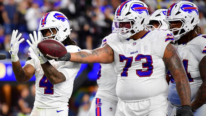 Buffalo Bills OT Dion Dawkins celebrates a touchdown scored by RB James Cook III against the Los Angeles Rams. Buffalo Bills OT Dion Dawkins celebrates a touchdown scored by RB James Cook III against the Los Angeles Rams.