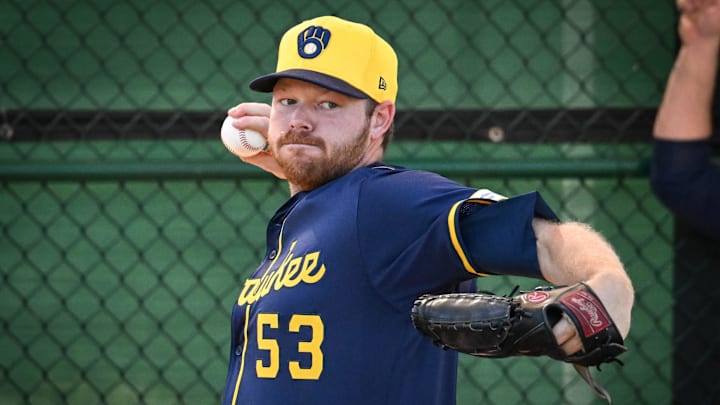 Milwaukee Brewers pitcher Brandon Woodruff (53) throws in the bullpen during spring training workouts on Tuesday, February 18, 2025, at American Family Fields of Phoenix in Phoenix, Arizona.