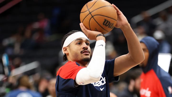Mar 27, 2025; Washington, District of Columbia, USA; Washington Wizards guard Jordan Poole (13) takes a shot before a game against the Indiana Pacers at Capital One Arena. Mandatory Credit: Daniel Kucin Jr.-Imagn Images