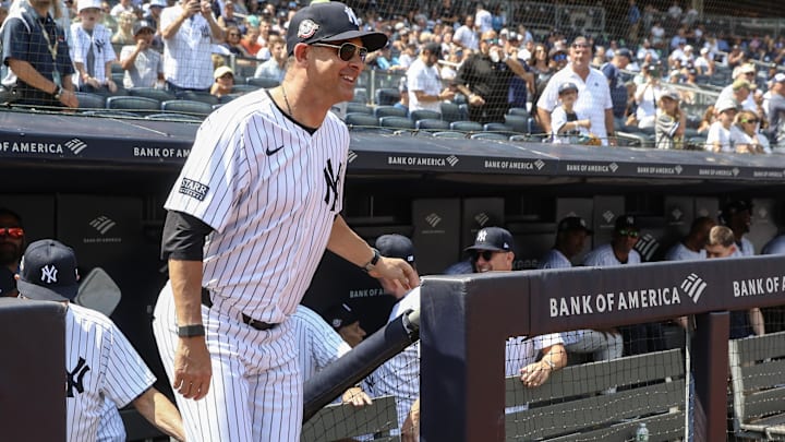 Aug 24, 2024; Bronx, New York, USA;  New York Yankees manager Aaron Boone (17) at Yankee Stadium. Mandatory Credit: Wendell Cruz-Imagn Images