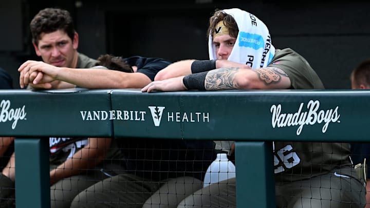 Vanderbilt's Braden Holcomb (26) sits in the dugout after the team’s 5-4 loss to Wright State in the Nashville Regional NCAA Baseball Tournament elimination game at Hawkins Field Sunday, June 1, 2025, in Nashville, Tenn.