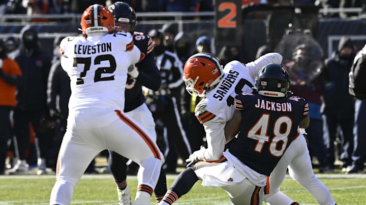 D'Marco Jackson sacks Cleveland Browns quarterback Shedeur Sanders in Sunday's Bears win. Jackson also had an interception. D'Marco Jackson sacks Cleveland Browns quarterback Shedeur Sanders in Sunday's Bears win. Jackson also had an interception.