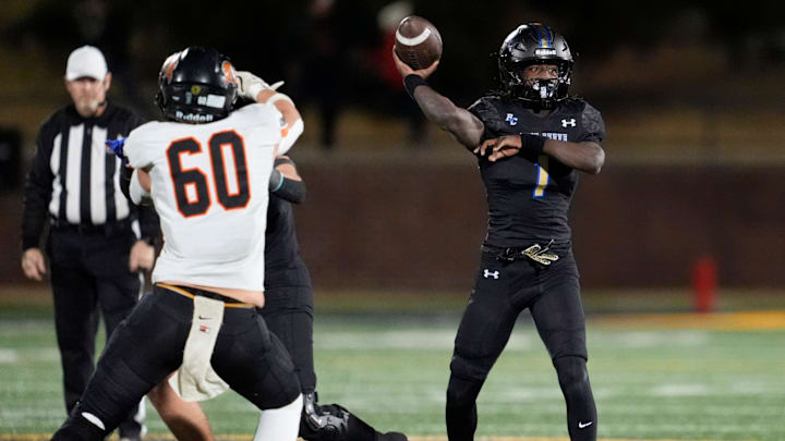 Rejoice Christian's Kamieon Compton-Nero (1) throws a pass during the Class A1 state championship game between Tonkawa and Rejoice Christian at Chad Richison Stadium in Edmond, Okla., Thursday Dec. 11, 2025.