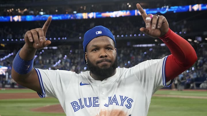 Oct. 19, 2025; Toronto, Ontario, CAN; Toronto Blue Jays first baseman Vladimir Guerrero Jr. (27) celebrates after defeating the Seattle Mariners during game six of the ALCS round for the 2025 MLB playoffs at Rogers Centre.