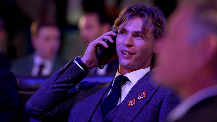 Jun 26, 2026; Buffalo, New York, USA; Gavin McKenna reacts after being selected with the first pick in the first round of the 2026 NHL Draft by the Toronto Maple Leafs at KeyBank Center. Mandatory Credit: Timothy T. Ludwig-Imagn Images
