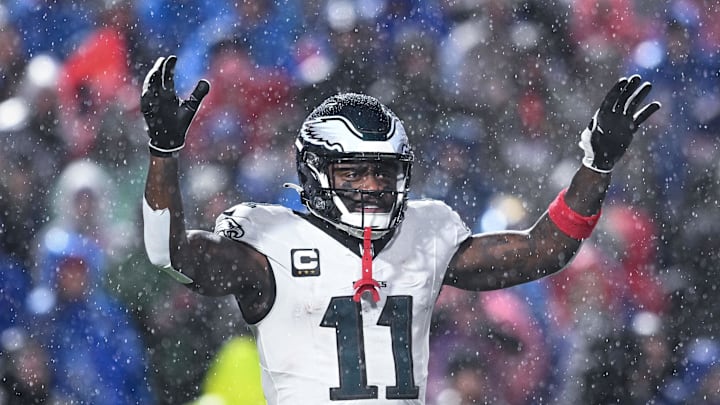 Dec 28, 2025; Orchard Park, New York, USA; Philadelphia Eagles wide receiver A.J. Brown (11) during a timeout in the third quarter against the Buffalo Bills at Highmark Stadium. Mandatory Credit: Mark Konezny-Imagn Images