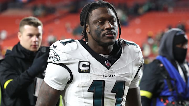 Dec 20, 2025; Landover, Maryland, USA; Philadelphia Eagles wide receiver A.J. Brown (11) leaves the field after the game against the Washington Commanders at Northwest Stadium. Mandatory Credit: Geoff Burke-Imagn Images