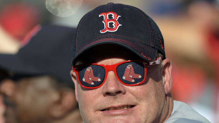 Jul 22, 2017; Anaheim, CA, USA; A fan of the Boston Red Sox wears Red Sox logo sunglasses during a MLB baseball game against the Los Angeles Angels at Angel Stadium of Anaheim. Mandatory Credit: Kirby Lee-Imagn Images