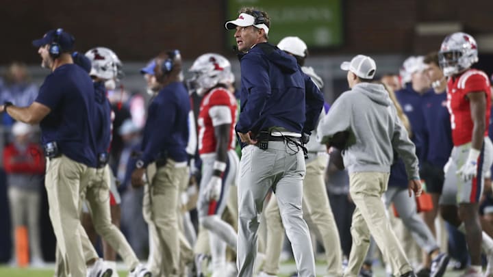 Nov 1, 2025; Oxford, Mississippi, USA; Mississippi Rebels head coach Lane Kiffin looks on during the second quarter against the South Carolina Gamecocks at Vaught-Hemingway Stadium. Mandatory Credit: Petre Thomas-Imagn Images Nov 1, 2025; Oxford, Mississippi, USA; Mississippi Rebels head coach Lane Kiffin looks on during the second quarter against the South Carolina Gamecocks at Vaught-Hemingway Stadium. Mandatory Credit: Petre Thomas-Imagn Images