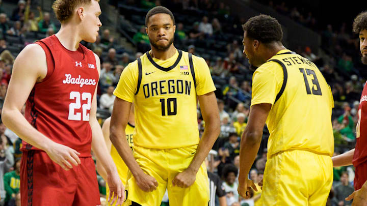 Oregon forward Kwame Evans Jr., center, celebrates after getting fouled as the Oregon Ducks host the Wisconsin Badgers on Feb. 25, 2026, at Matthew Knight Arena in Eugene, Oregon. Oregon forward Kwame Evans Jr., center, celebrates after getting fouled as the Oregon Ducks host the Wisconsin Badgers on Feb. 25, 2026, at Matthew Knight Arena in Eugene, Oregon.