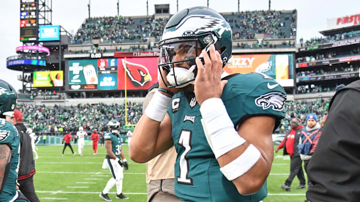 Dec 31, 2023; Philadelphia, Pennsylvania, USA; Philadelphia Eagles quarterback Jalen Hurts (1) walks