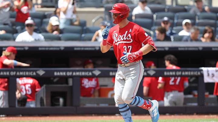 Jun 21, 2026; Bronx, New York, USA;  Cincinnati Reds catcher Tyler Stephenson (37) rounds the bases after hitting a three-run home run in the fourth inning against the New York Yankees at Yankee Stadium. Mandatory Credit: Wendell Cruz-Imagn Images