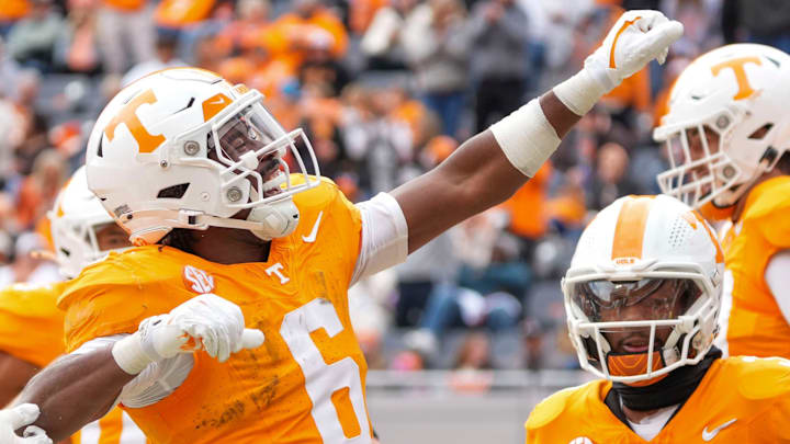 Tennessee running back Dylan Sampson (6) celebrates after scoring a touchdown during a NCAA football game between Tennessee and UTEP in Neyland Stadium on Saturday, November 23, 2024.