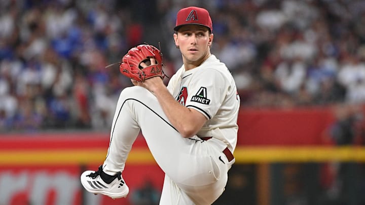 May 8, 2025; Phoenix, Arizona, USA; Arizona Diamondbacks pitcher Brandon Pfaadt (32) throws in the fourth inning against the Los Angeles Dodgers at Chase Field. Mandatory Credit: Matt Kartozian-Imagn Images May 8, 2025; Phoenix, Arizona, USA; Arizona Diamondbacks pitcher Brandon Pfaadt (32) throws in the fourth inning against the Los Angeles Dodgers at Chase Field. Mandatory Credit: Matt Kartozian-Imagn Images