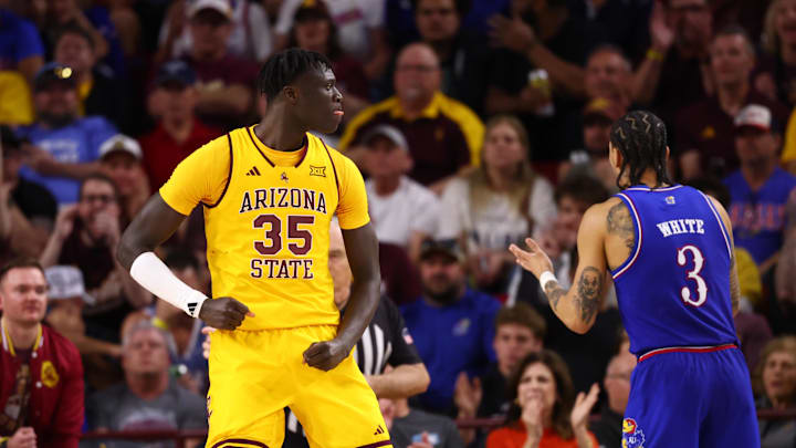 Mar 3, 2026; Tempe, Arizona, USA; Arizona State Sun Devils center Massamba Diop (35) celebrates a shot against the Kansas Jayhawks in the second half at Desert Financial Arena. Mandatory Credit: Mark J. Rebilas-Imagn Images