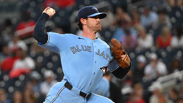 Jul 28, 2026; Washington, District of Columbia, USA; Toronto Blue Jays pitcher Shane Bieber (57) throws to the Washington Nationals during the first inning at Nationals Park. Mandatory Credit: Brad Mills-Imagn Images Jul 28, 2026; Washington, District of Columbia, USA; Toronto Blue Jays pitcher Shane Bieber (57) throws to the Washington Nationals during the first inning at Nationals Park. Mandatory Credit: Brad Mills-Imagn Images