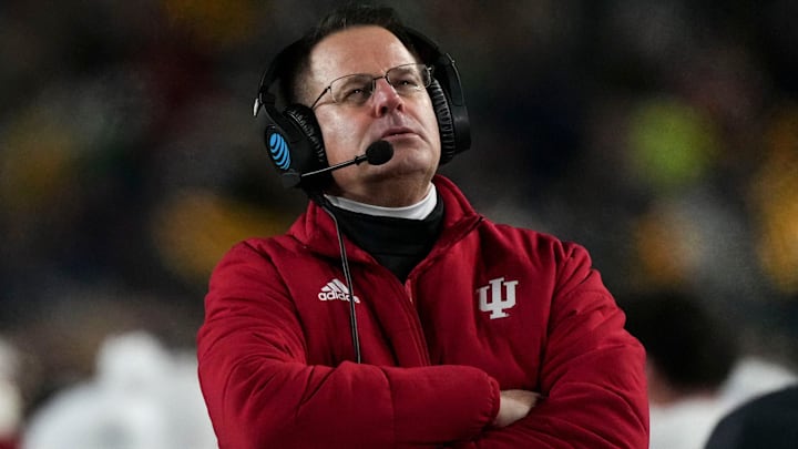 Indiana Hoosiers head coach Curt Cignetti watches the second half of a game between the Indiana Hoosiers and the Notre Dame Fighting Irish in first round of the College Football Playoff on Friday, Dec. 20, 2024, in South Bend. Notre Dame defeated Indiana 27-17. Indiana Hoosiers head coach Curt Cignetti watches the second half of a game between the Indiana Hoosiers and the Notre Dame Fighting Irish in first round of the College Football Playoff on Friday, Dec. 20, 2024, in South Bend. Notre Dame defeated Indiana 27-17.