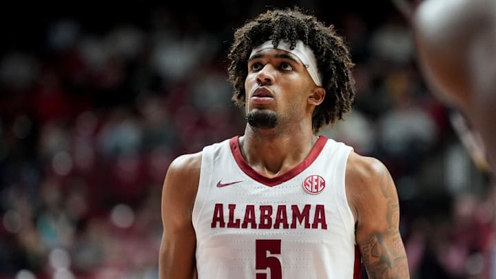 Dec 29, 2025; Tuscaloosa, AL, USA; Alabama forward Amari Allen (5) prepares to shoot a free throw against Yale at Coleman Coliseum. Mandatory Credit: Gary Cosby Jr.-Tuscaloosa News