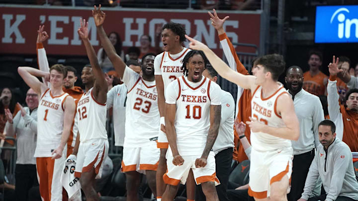 Nov 8, 2025; Austin, Texas, USA;Texas Longhorns celebrate a three point basket by Texas Longhorns guard Anthon McDermott (33) during the second half at Moody Center. Mandatory Credit: Dustin Safranek-Imagn Images
