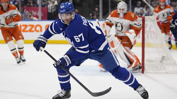 Dec 12, 2024; Toronto, Ontario, CAN; Toronto Maple Leafs forward Max Pacioretty (67) skates after the puck against the Anaheim Ducks during the third period at Scotiabank Arena. Mandatory Credit: John E. Sokolowski-Imagn Images Dec 12, 2024; Toronto, Ontario, CAN; Toronto Maple Leafs forward Max Pacioretty (67) skates after the puck against the Anaheim Ducks during the third period at Scotiabank Arena. Mandatory Credit: John E. Sokolowski-Imagn Images