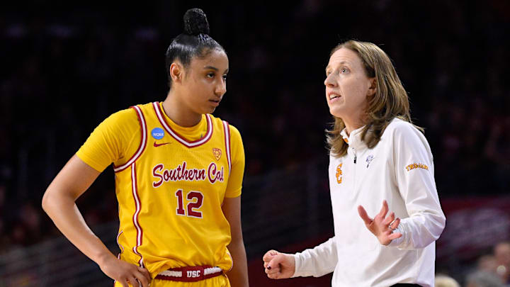 Mar 25, 2024; Los Angeles, CA, USA; USC Trojans guard JuJu Watkins (12) with Trojans head coach Lindsay Gottlieb.