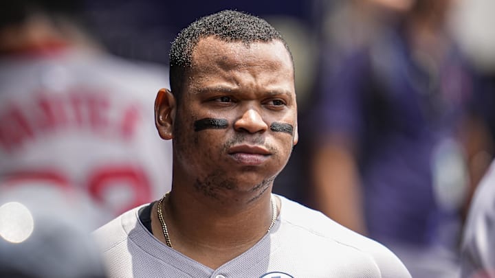 Jun 1, 2025; Cumberland, Georgia, USA; Boston Red Sox designated hitter Rafael Devers (11) shown in the dugout before the game against the Atlanta Braves at Truist Park. Mandatory Credit: Dale Zanine-Imagn Images Jun 1, 2025; Cumberland, Georgia, USA; Boston Red Sox designated hitter Rafael Devers (11) shown in the dugout before the game against the Atlanta Braves at Truist Park. Mandatory Credit: Dale Zanine-Imagn Images