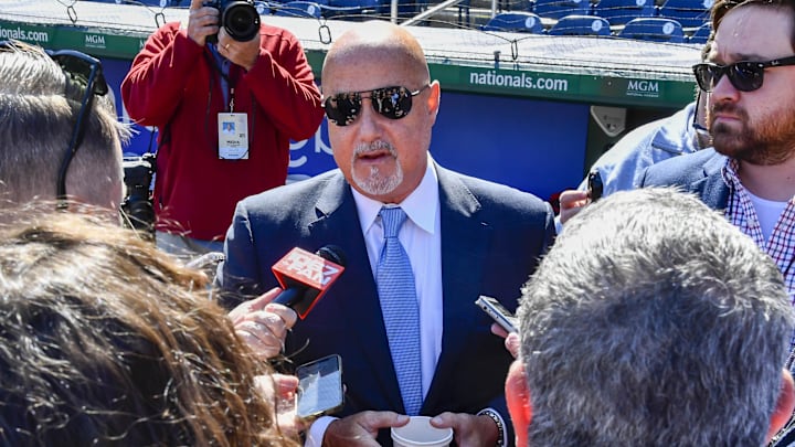 Mar 30, 2023; Washington, District of Columbia, USA; Washington Nationals general manager Mike Rizzo talks with the media before the game against the Atlanta Braves at Nationals Park. Mar 30, 2023; Washington, District of Columbia, USA; Washington Nationals general manager Mike Rizzo talks with the media before the game against the Atlanta Braves at Nationals Park.