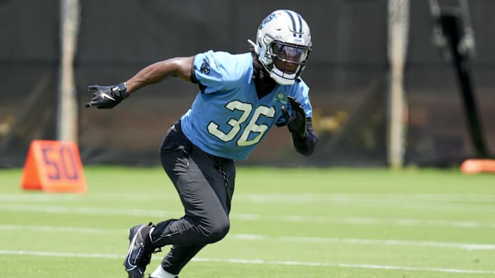 Carolina Panthers safety Demani Richardson (36) sprints during minicamp at Bank of America Stadium.