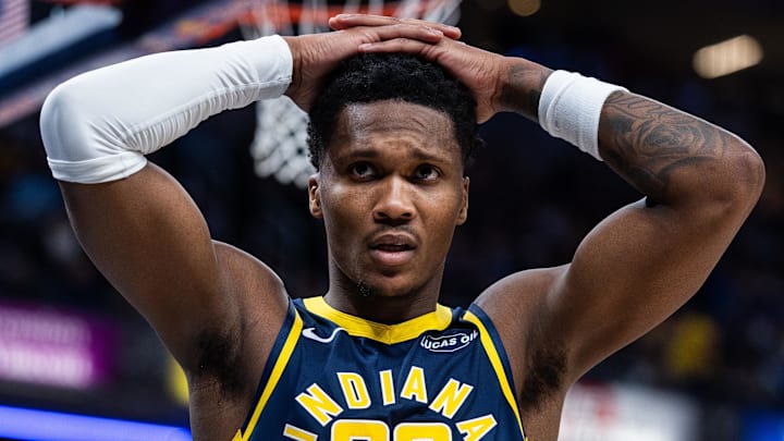 Indiana Pacers guard/forward Bennedict Mathurin (00) in the first half against the Atlanta Hawks at Gainbridge Fieldhouse.