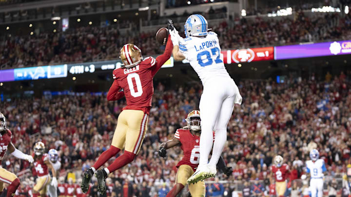 December 30, 2024; Santa Clara, California, USA; San Francisco 49ers cornerback Renardo Green (0) deflects the football intended for Detroit Lions tight end Sam LaPorta (87) in the endzone during the second quarter at Levi's Stadium. Mandatory Credit: Kyle Terada-Imagn Images December 30, 2024; Santa Clara, California, USA; San Francisco 49ers cornerback Renardo Green (0) deflects the football intended for Detroit Lions tight end Sam LaPorta (87) in the endzone during the second quarter at Levi's Stadium. Mandatory Credit: Kyle Terada-Imagn Images