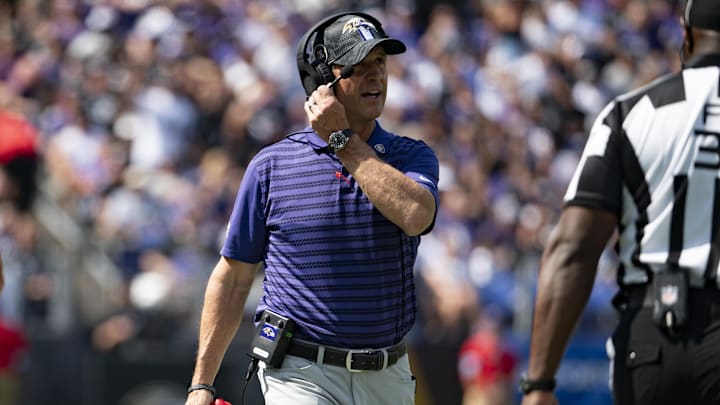 Sep 15, 2024; Baltimore, Maryland, USA; Baltimore Ravens head coach John Harbaugh speaks with an official during the first half against the Las Vegas Raiders at M&T Bank Stadium. Mandatory Credit: Tommy Gilligan-Imagn Images Sep 15, 2024; Baltimore, Maryland, USA; Baltimore Ravens head coach John Harbaugh speaks with an official during the first half against the Las Vegas Raiders at M&T Bank Stadium. Mandatory Credit: Tommy Gilligan-Imagn Images