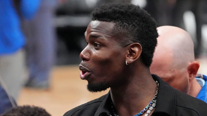 Jun 7, 2023; Miami, Florida, USA; French soccer player Paul Pogba walks off the court after game three of the 2023 NBA Finals between the Miami Heat and Denver Nuggets at Kaseya Center. Mandatory Credit: Kyle Terada-Imagn Images