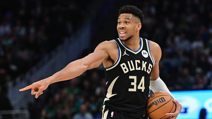 Apr 9, 2024; Milwaukee, Wisconsin, USA; Milwaukee Bucks forward Giannis Antetokounmpo (34) calls a play in the second quarter against the Boston Celtics at Fiserv Forum.