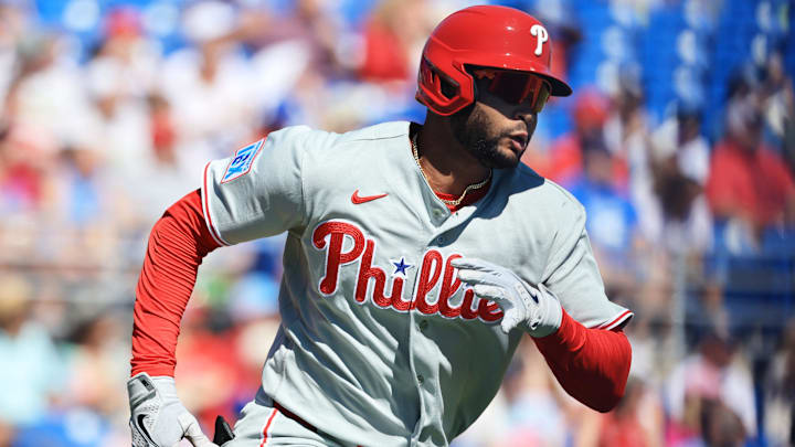 Feb 21, 2026; Dunedin, Florida, USA; Philadelphia Phillies outfielder Justin Crawford (80) doubles during the first inning against the Toronto Blue Jays at TD Ballpark. Mandatory Credit: Kim Klement Neitzel-Imagn Images Feb 21, 2026; Dunedin, Florida, USA; Philadelphia Phillies outfielder Justin Crawford (80) doubles during the first inning against the Toronto Blue Jays at TD Ballpark. Mandatory Credit: Kim Klement Neitzel-Imagn Images