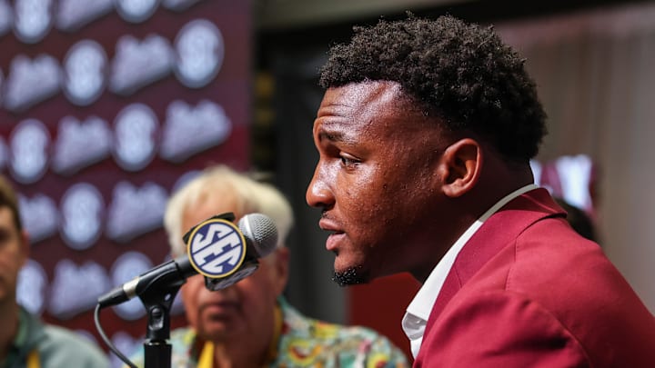 Mississippi State Bulldogs safety Isaac Smith answers questions from the media during the SEC Media Days at Omni Atlanta Hotel. Mississippi State Bulldogs safety Isaac Smith answers questions from the media during the SEC Media Days at Omni Atlanta Hotel.