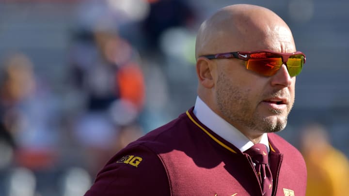 Nov 2, 2024; Champaign, Illinois, USA; Minnesota Golden Gophers head coach P.J. Fleck before a game with the Illinois Fighting Illini at Memorial Stadium. Nov 2, 2024; Champaign, Illinois, USA; Minnesota Golden Gophers head coach P.J. Fleck before a game with the Illinois Fighting Illini at Memorial Stadium.