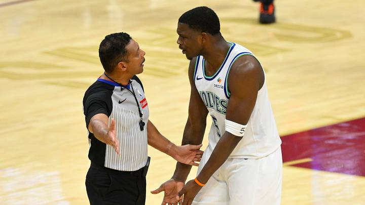 Oct 26, 2026; Cleveland, Ohio, USA; Minnesota Timberwolves guard Anthony Edwards (5) talks to referee Bill Kennedy. Oct 26, 2026; Cleveland, Ohio, USA; Minnesota Timberwolves guard Anthony Edwards (5) talks to referee Bill Kennedy.