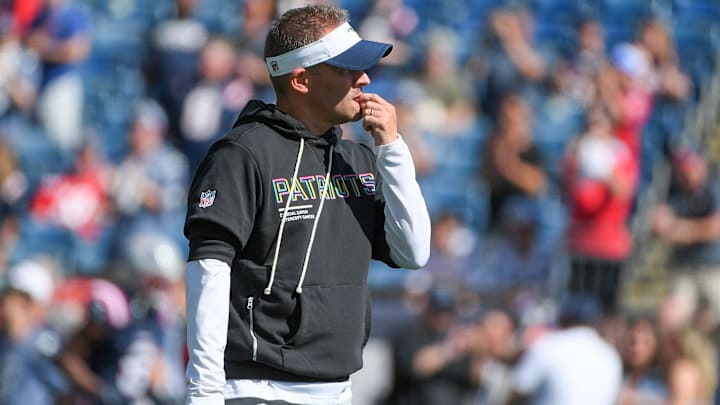 Sep 28, 2025; Foxborough, Massachusetts, USA; New England Patriots offensive coordinator Josh McDaniels during warmups prior to a game against the Carolina Panthers at Gillette Stadium. Mandatory Credit: Bob DeChiara-Imagn Images